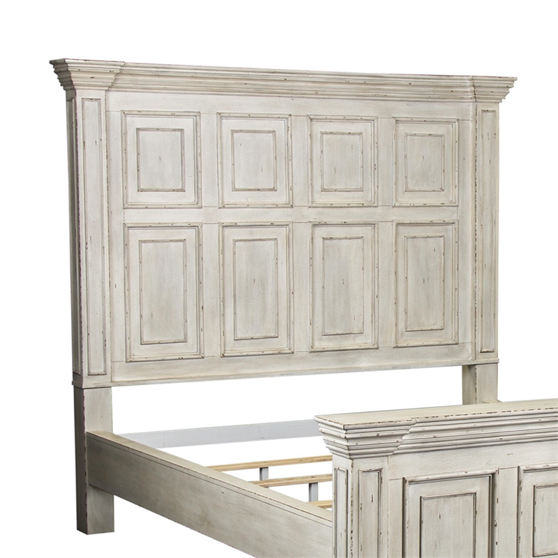 Bowery Hill King Panel Bed with Crown Molding and Block Feet in Whitestone