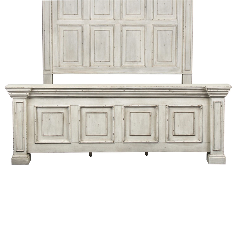 Bowery Hill King Panel Bed with Crown Molding and Block Feet in Whitestone