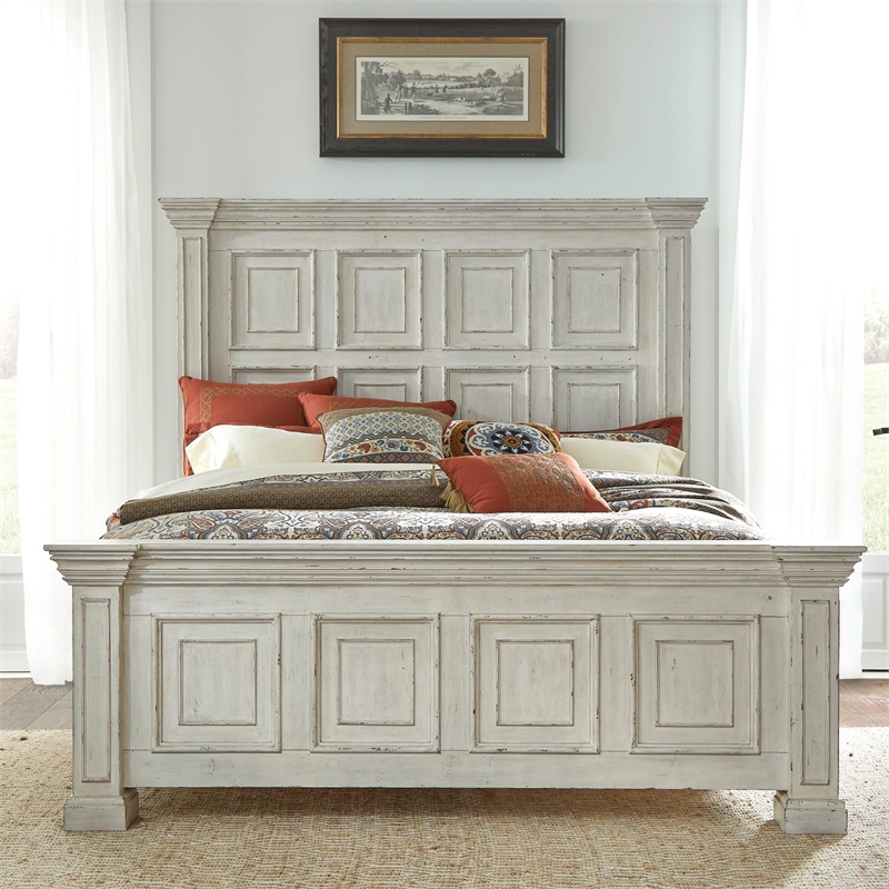 Bowery Hill King Panel Bed with Crown Molding and Block Feet in Whitestone