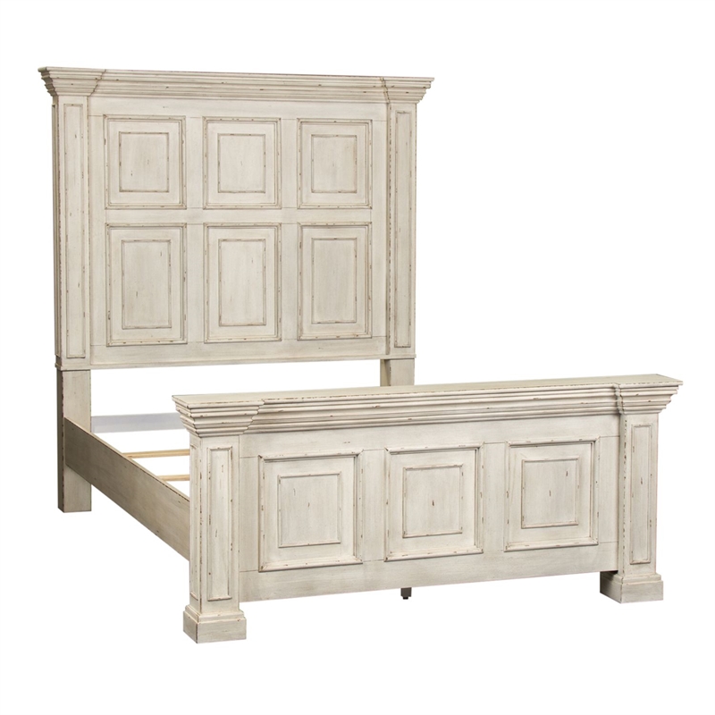 Bowery Hill Queen Panel Bed with Crown Molding and Block Feet in Whitestone