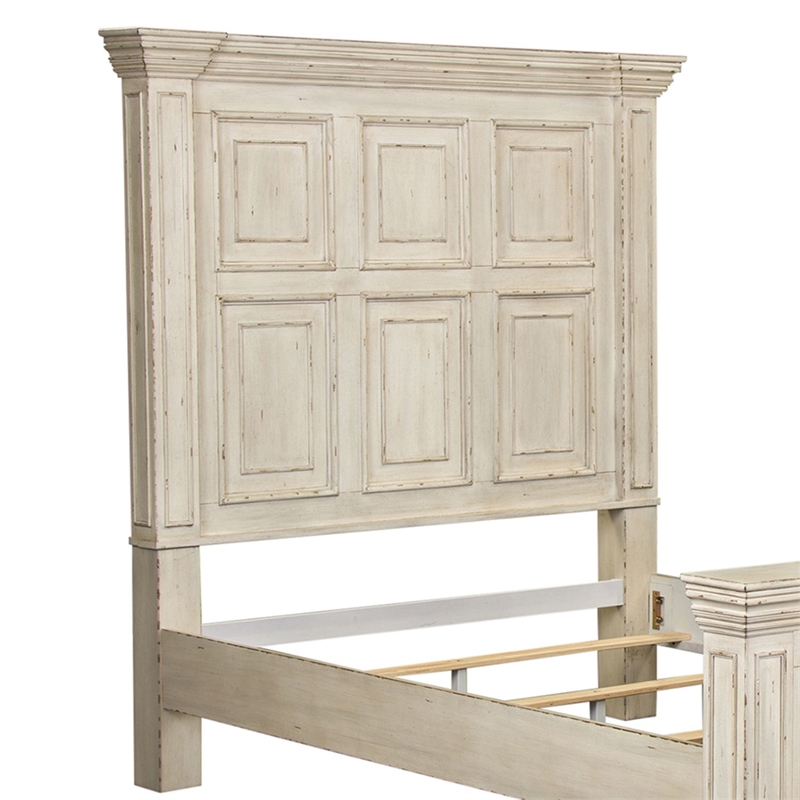 Bowery Hill Queen Panel Bed with Crown Molding and Block Feet in Whitestone