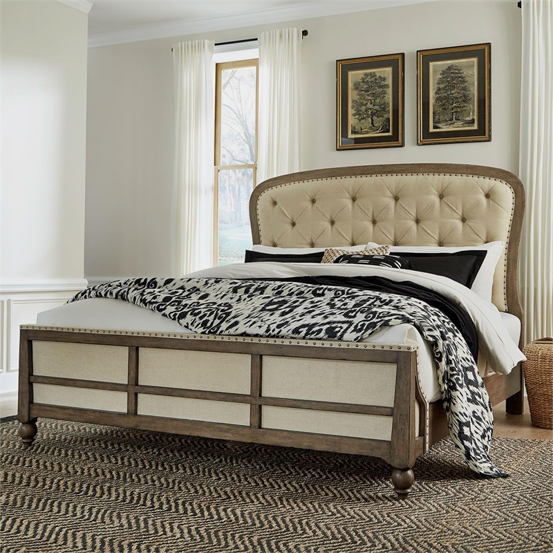 Bowery Hill Queen Shelter Bed with Tufted Upholstered Panels in Dusty Taupe