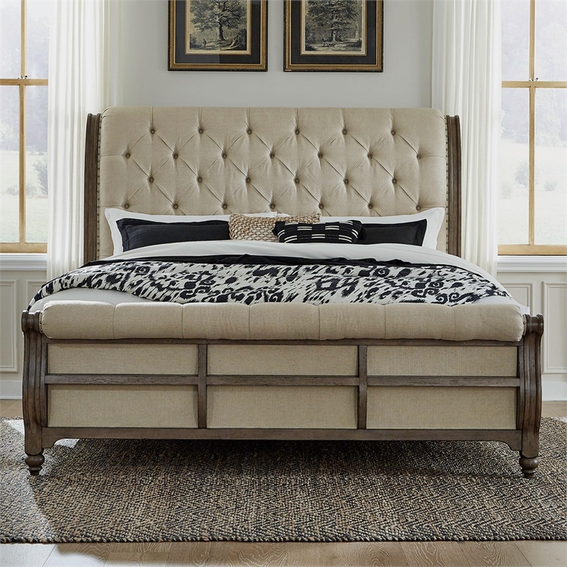Bowery Hill California King Sleigh Bed with Tufted Panels in Dusty Taupe