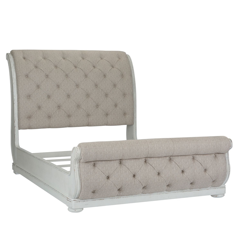 Bowery Hill California King Sleigh Bed with Tufted Chenille in Whitewash