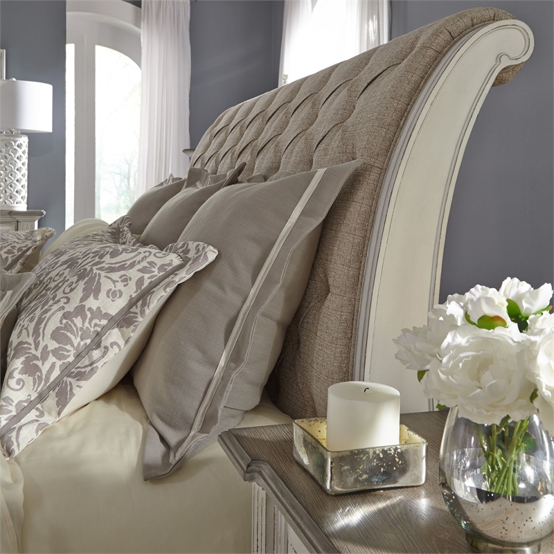 Bowery Hill California King Sleigh Bed with Tufted Chenille in Whitewash