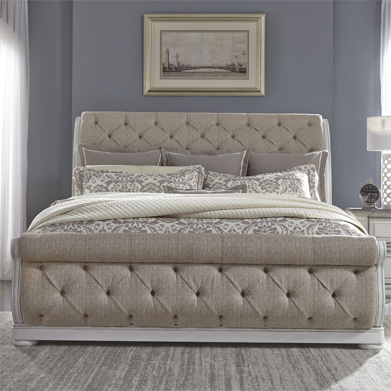 Bowery Hill California King Sleigh Bed with Tufted Chenille in Whitewash
