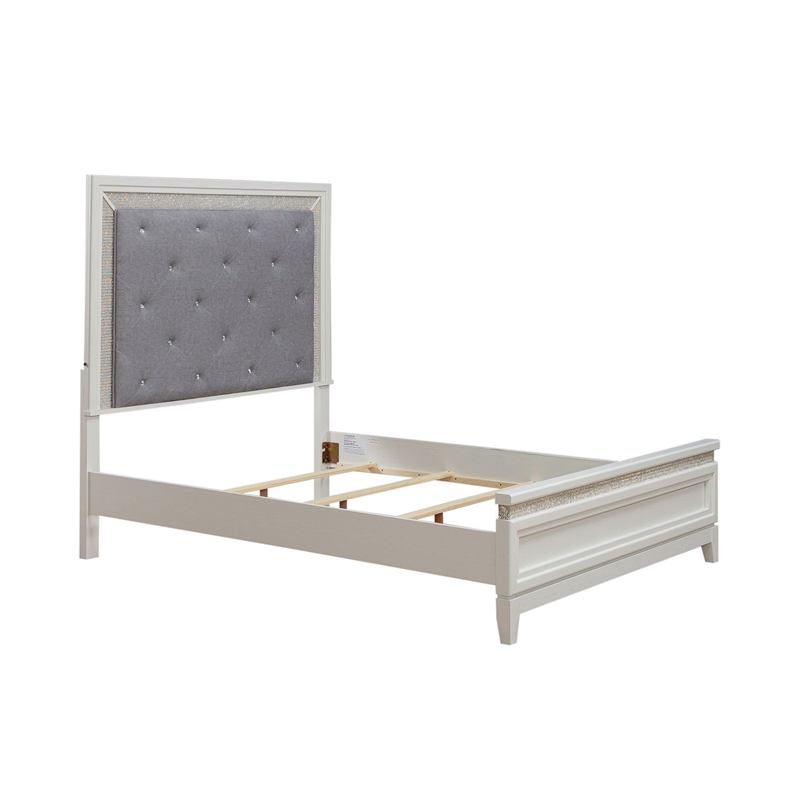 Bowery Hill Queen Upholstered Bed with LED and Rhinestones in Pearl White