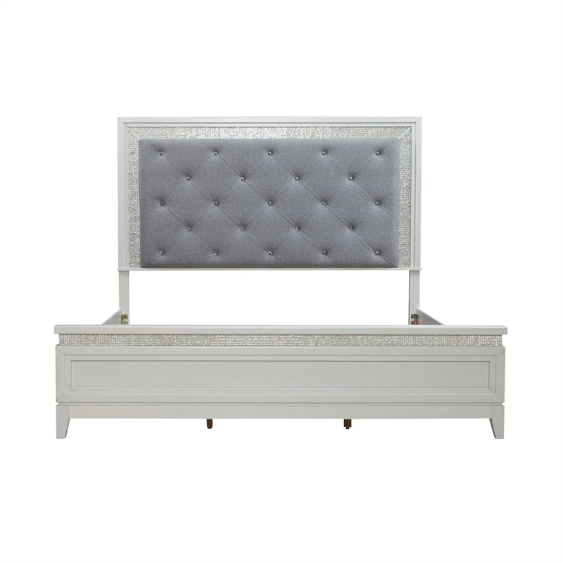 Bowery Hill King Upholstered Bed with LED and Rhinestones in Pearl White