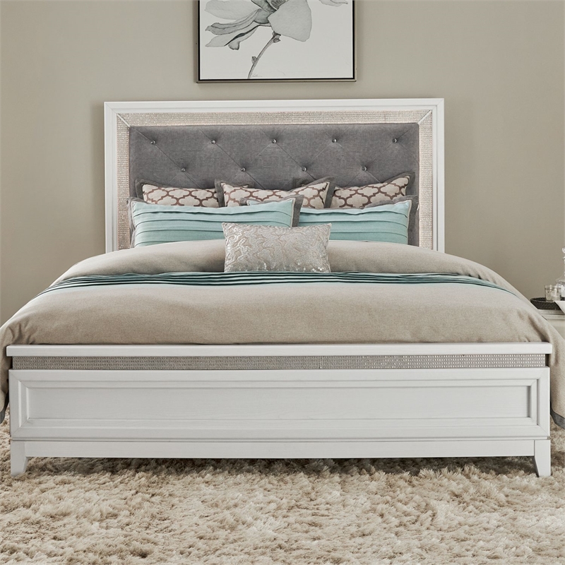 Bowery Hill King Upholstered Bed with LED and Rhinestones in Pearl White