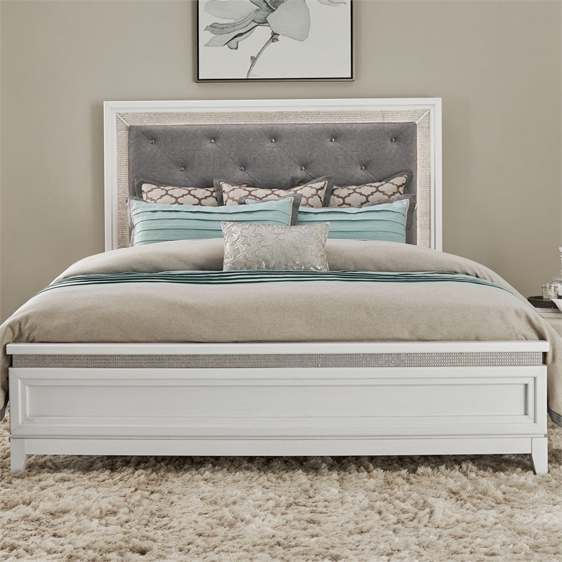 Bowery Hill California King Bed with LED and Rhinestones in Pearl White