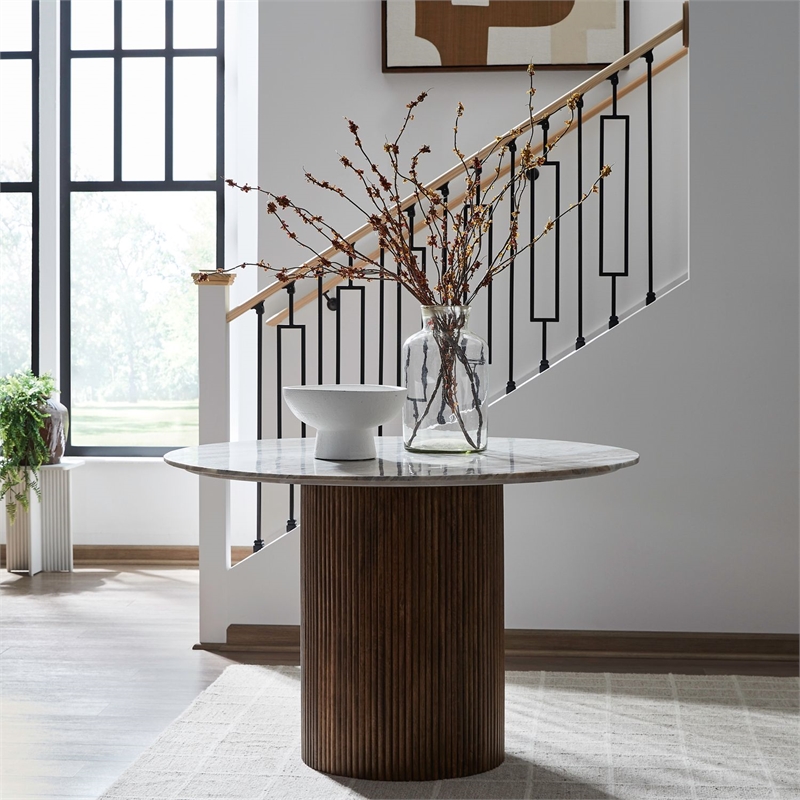 Bowery Hill Round Marble Top Pedestal Dining Table in Aged Whiskey Brown