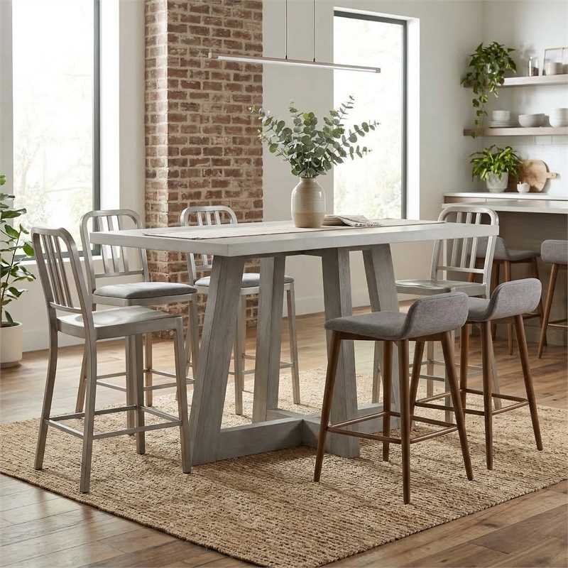 Bowery Hill Rectangular Concrete Top Bar Table with Acacia Base in Grey