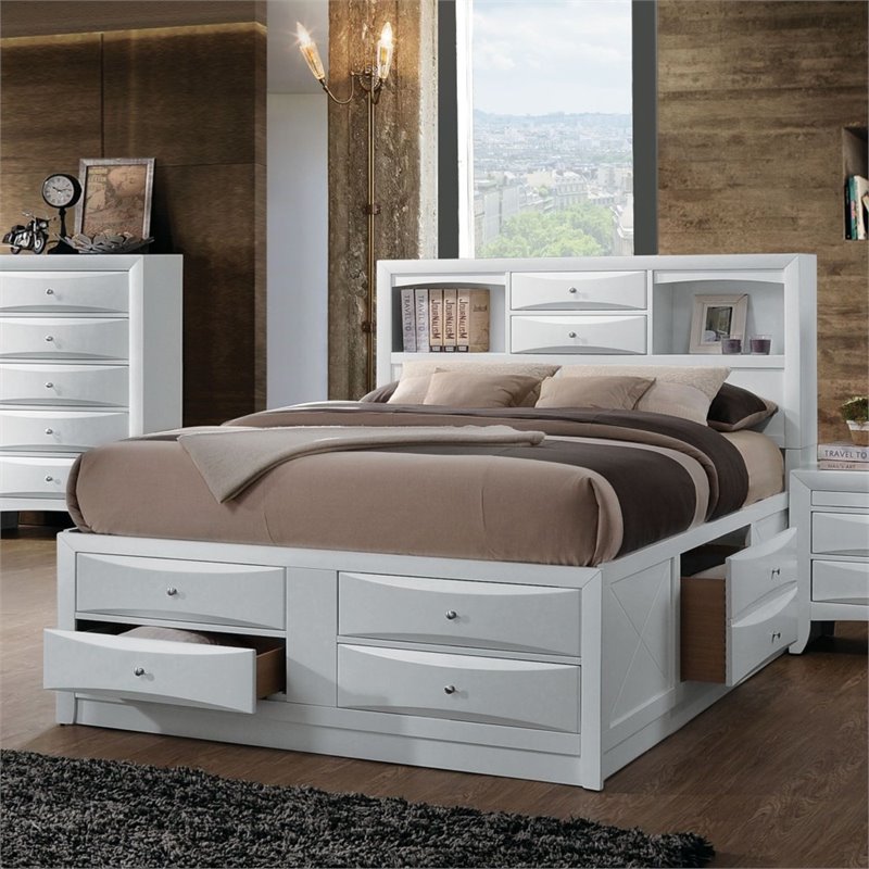 Bowery Hill Queen Wooden Bed with Storage & 8 Drawers in White