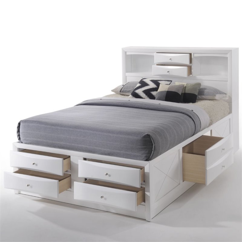 Bowery Hill Queen Wooden Bed with Storage & 8 Drawers in White