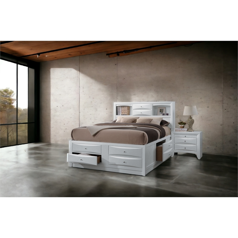 Bowery Hill Queen Wooden Bed with Storage & 8 Drawers in White
