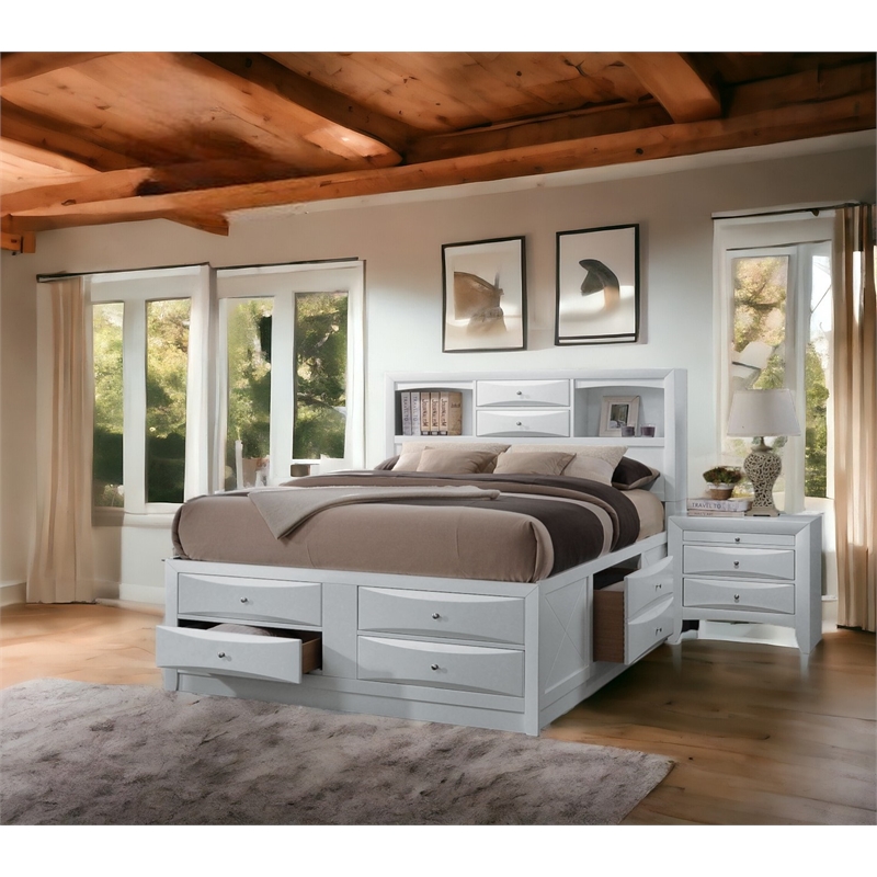 Bowery Hill Queen Wooden Bed with Storage & 8 Drawers in White