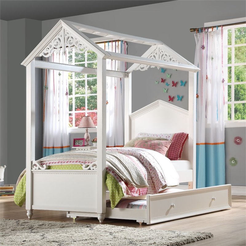 Bowery Hill Twin Wooden Cottage Canopy Bed with Scrolled Motifs in White