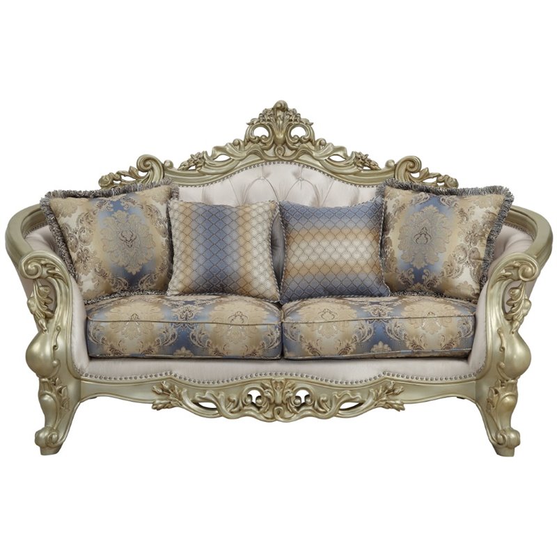 Bowery Hill Loveseat with 4 Pillows in Cream Fabric and Golden Ivory Finish