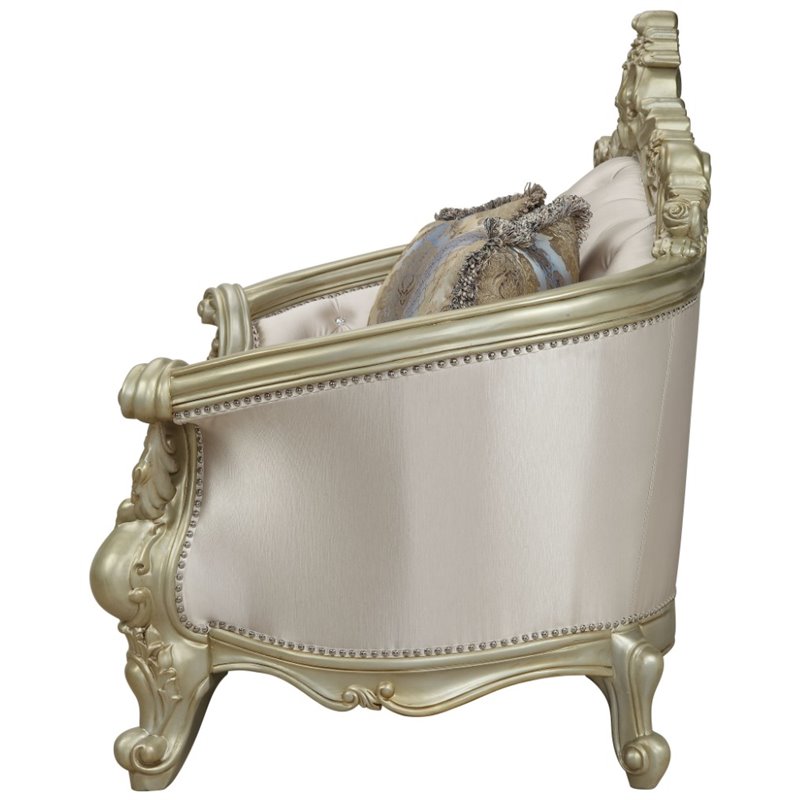 Bowery Hill Loveseat with 4 Pillows in Cream Fabric and Golden Ivory Finish