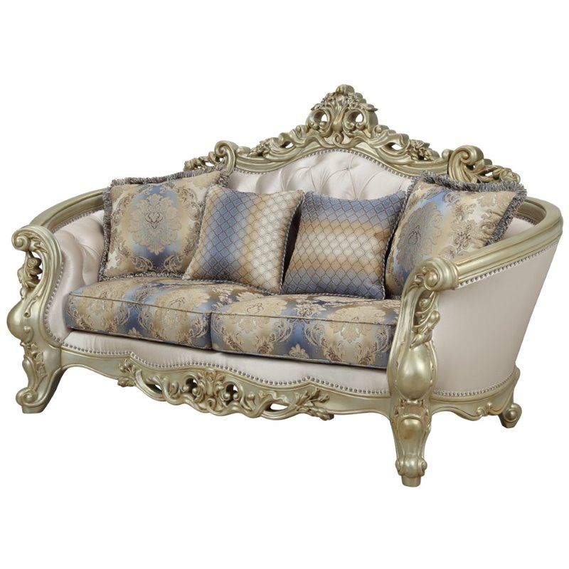 Bowery Hill Loveseat with 4 Pillows in Cream Fabric and Golden Ivory Finish