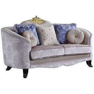 Bowery Hill Loveseat with 5 Pillows in Cream Fabric and Wood Crown Detail