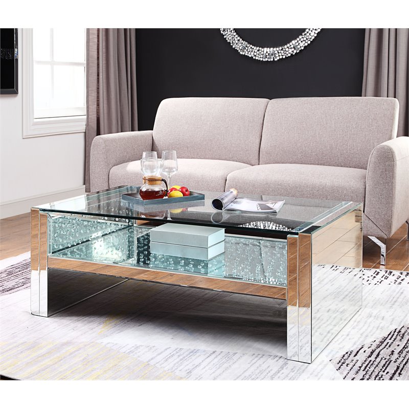 Bowery Hill Rectangular Coffee Table with Mirrored Base and Glass Top