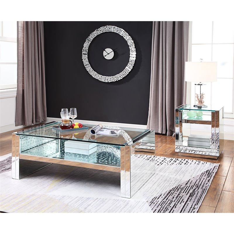 Bowery Hill Rectangular Coffee Table with Mirrored Base and Glass Top