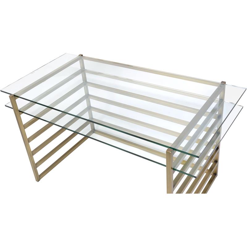 Bowery Hill Glass Rectangular Desk with 1-Shelf in Antique Gold Finish