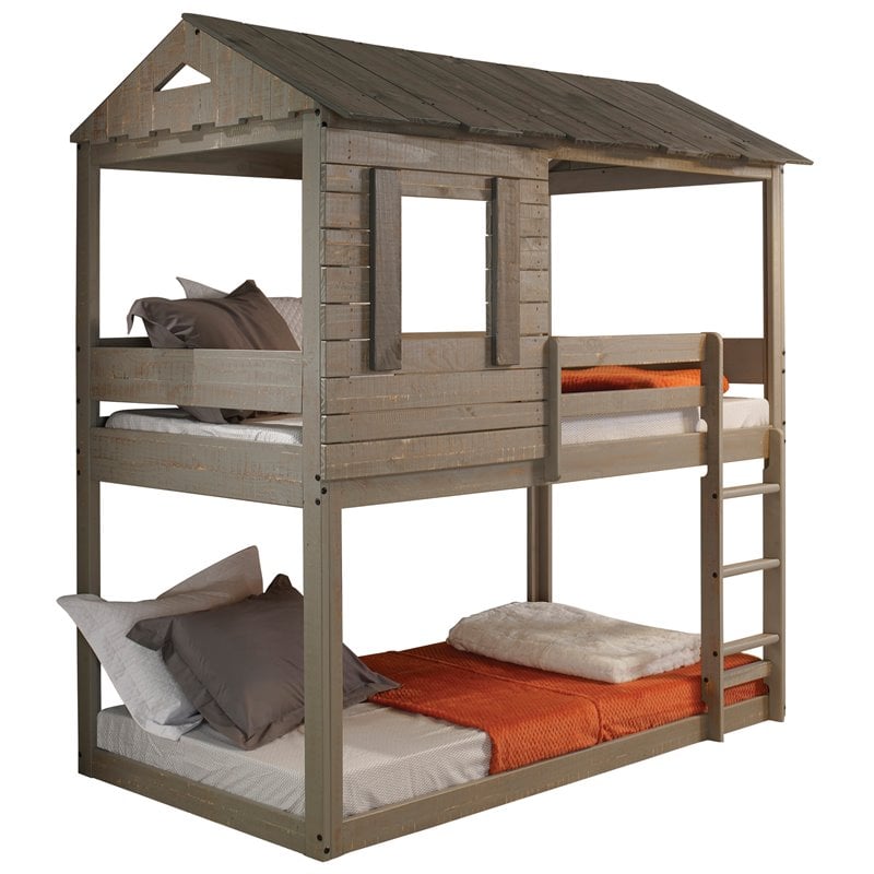 Bowery Hill Wood Twin Over Twin Bunk Bed in Rustic Gray with Ladder
