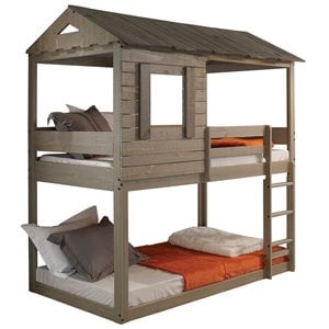 Bowery Hill Wood Twin Over Twin Bunk Bed in Rustic Gray with Ladder