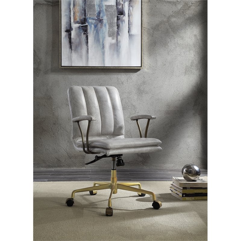 Bowery Hill High Back Office Chair in Vintage White Leather and Chrome