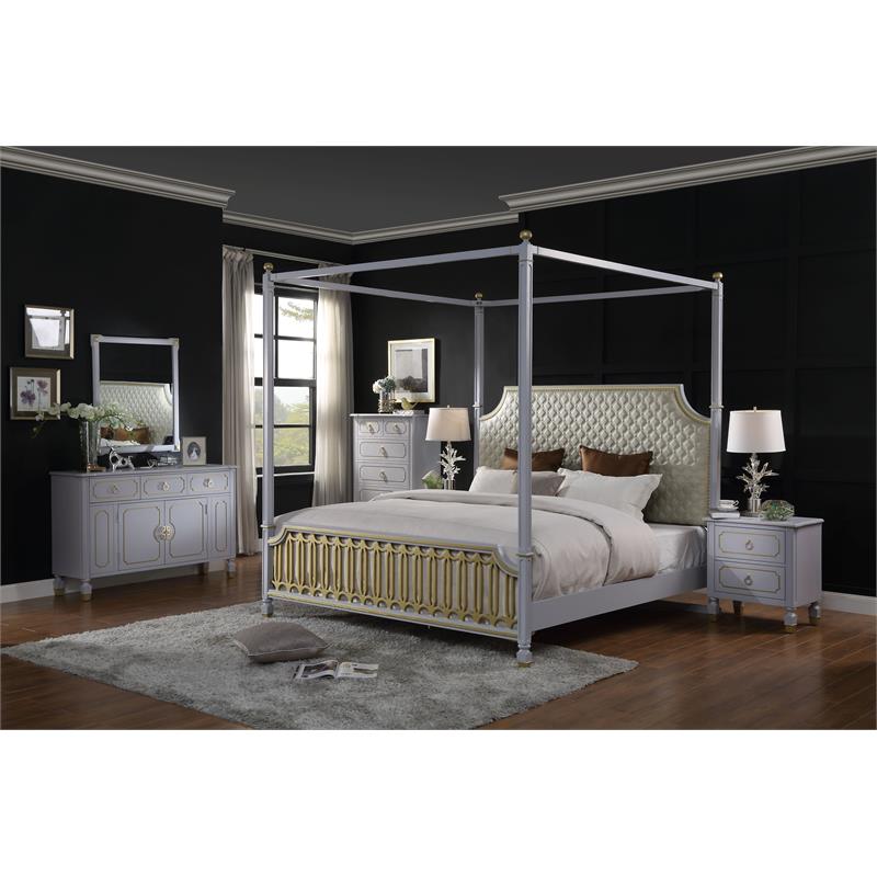 Bowery Hill Wooden Rectangular Mirror with Beveled Edge in Pearl Gray