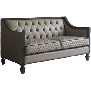 Bowery Hill Faux Leather Tufted Loveseat in Beige and Charcoal