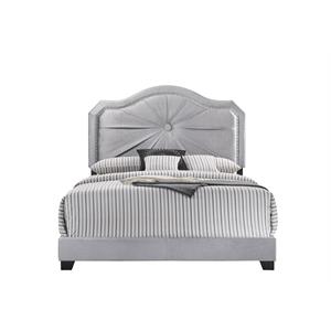 Bowery Hill Queen Bed with Arched Headboard in Gray Velvet Upholstery