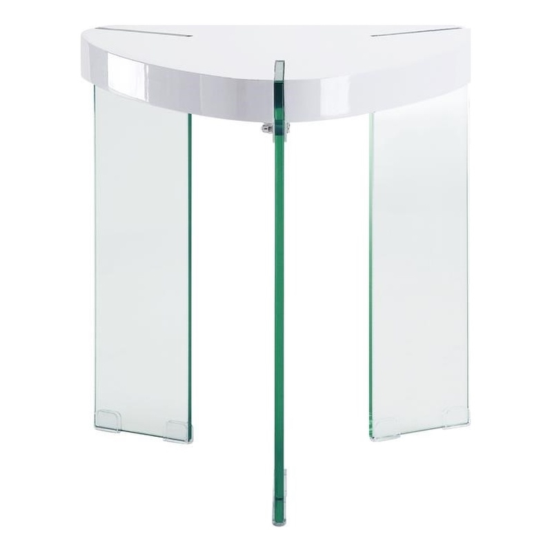 Bowery Hill Triangular End Table in White High Gloss with Clear Glass Base