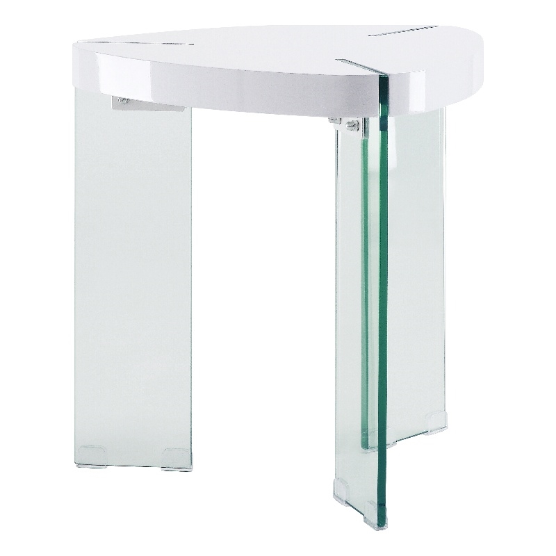 Bowery Hill Triangular End Table in White High Gloss with Clear Glass Base
