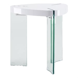 Bowery Hill Triangular End Table in White High Gloss with Clear Glass Base