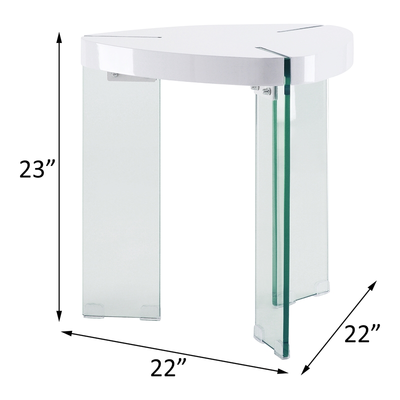 Bowery Hill Triangular End Table in White High Gloss with Clear Glass Base