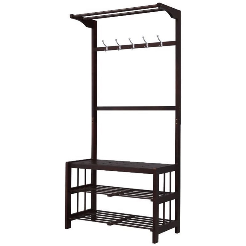 Bowery Hill Wooden Hall Tree with 5 Hooks and 2 Cloth Rods in Espresso