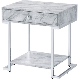 Bowery Hill 1-Drawer Nightstand with Faux Marble Top and Chrome Base