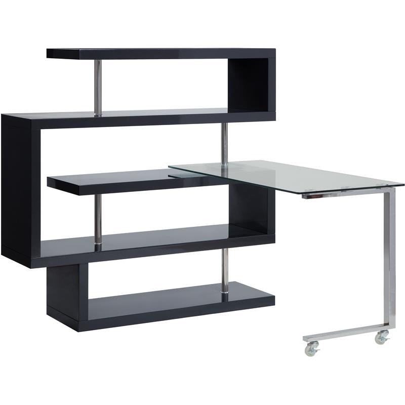 Bowery Hill L-Shaped Glass Top Writing Desk with Shelves in Black Gloss