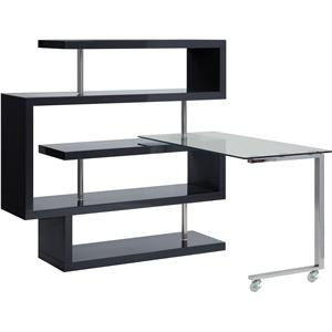 Bowery Hill L-Shaped Glass Top Writing Desk with Shelves in Black Gloss