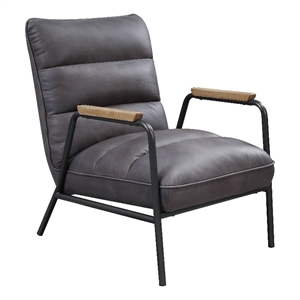 Bowery Hill Gray Leather Accent Chair with Wooden Armrests and Metal Frame