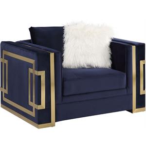 Bowery Hill Velvet Upholstery Chair with 2 Pillows in Blue and Gold