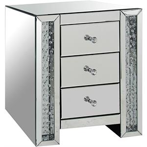 Bowery Hill Mirrored Accent Table with 3 Drawers and Faux Crystal Inlays