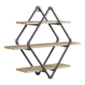 Bowery Hill 3-Shelf Wall Rack in Oak and Sandy Black with Diamond Frame