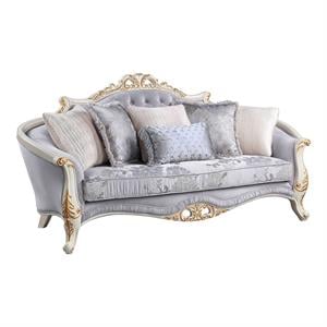 Bowery Hill Fabric Upholstered Sofa with Wood Carvings in Gray