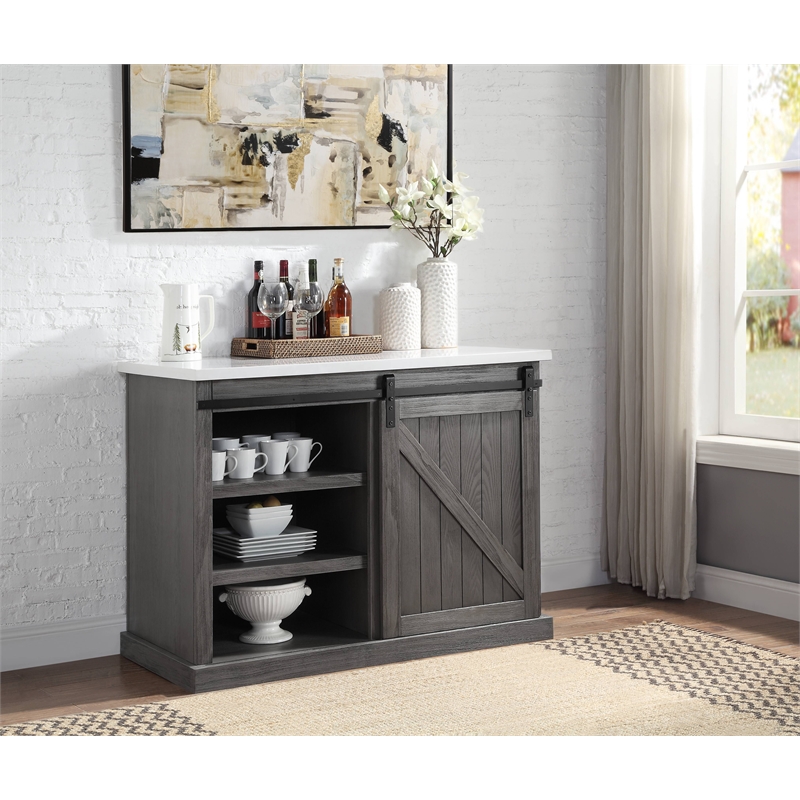 Bowery Hill Wooden Kitchen Island with Marble Top and Barn Door in Grey
