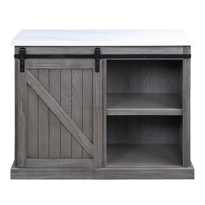 Bowery Hill Wooden Kitchen Island with Marble Top and Barn Door in Grey
