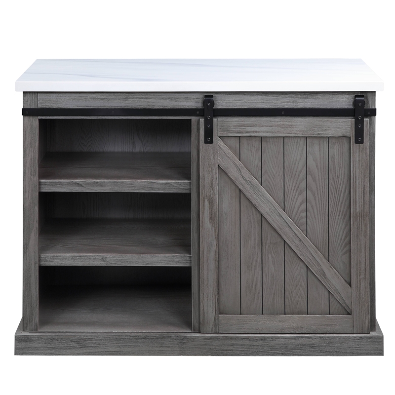 Bowery Hill Wooden Kitchen Island with Marble Top and Barn Door in Grey